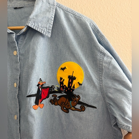 Vintage 90s Denim Embroidered Looney Toons Halloween Button Up - Picture 3 of 7